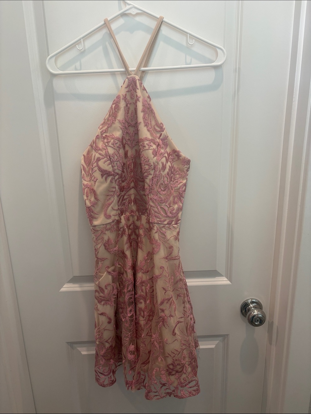 Speechless Strapless Cream Dress with Pink Embroidered Detail